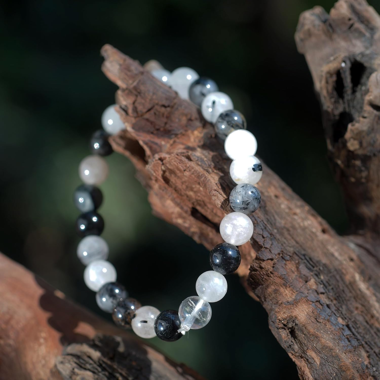 Crystal Agate Bracelets - Manifestation Bracelet - Natural Black Rutile Beaded Stretch Bracelet 8mm - Unisex Adult Yoga Bracelet - White-Black - Image 9
