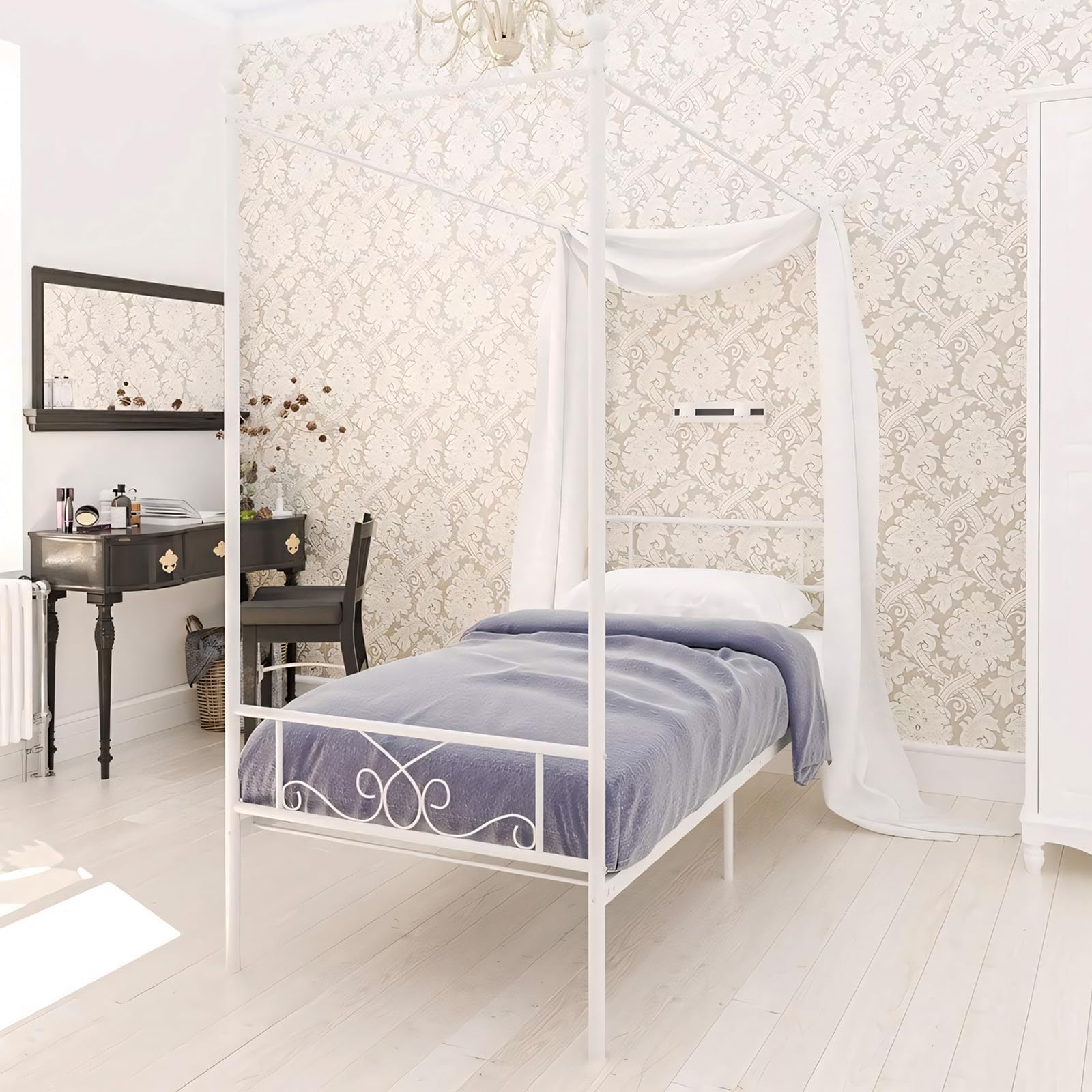 Weehom Twin Canopy Bed Frame with Headboard and Footboard, 4 Posters Metal Bed Frame, No Box Spring Needed, Mattress Foundation Platform Bed for Kids and Adults, White