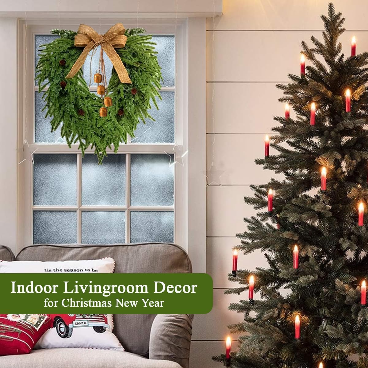 Faux Christmas Norfolk Pine Wreath with 4 Pcs Rustic Vintage Iron Bells,20 Inch Artificial Green Wreath Greenery Realistic Wreath Holiday Decoration (Bow)