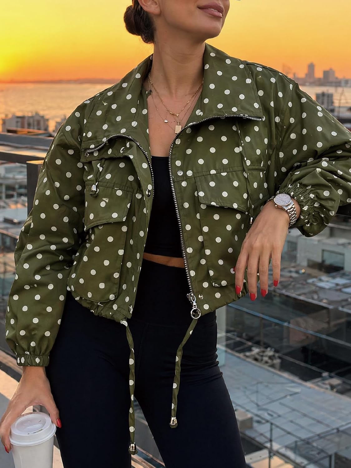 Tankaneo Womens Cropped Bomber Jackets Ploka Dots Zip Up Lightweight Coat image 5