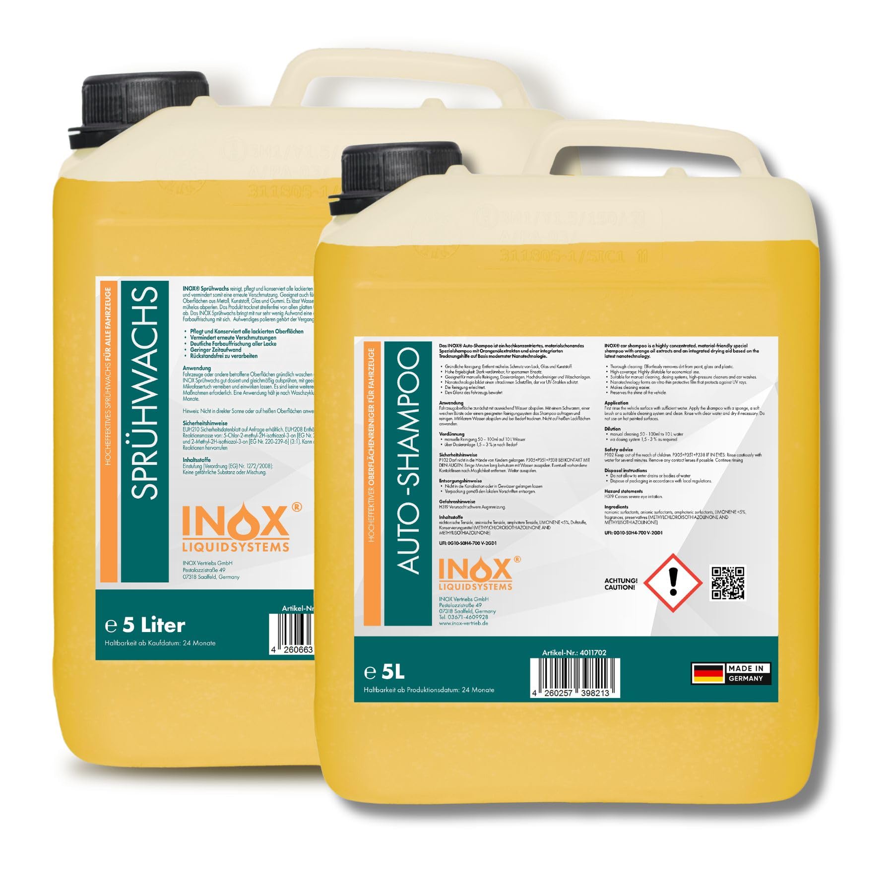INOX® Sprühwachs 5L + Autoshampoo 5L | Hochwertiges Autowachs mit Abperleffekt | Auto Wax zur Lackversiegelung mit Glanzschutz | Autoreiniger für PKW, LKW, Wohnmobil und Motorrad