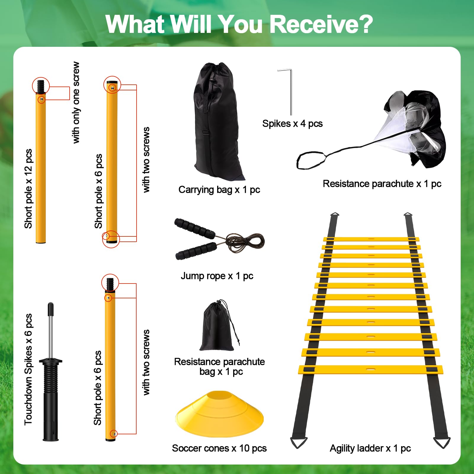 Juego de 24 piezas de equipo de entrenamiento de agilidad de fútbol, bastones de agilidad, escalera más para un montaje rápido y fácil portabilidad, adecuado para todos los niveles de