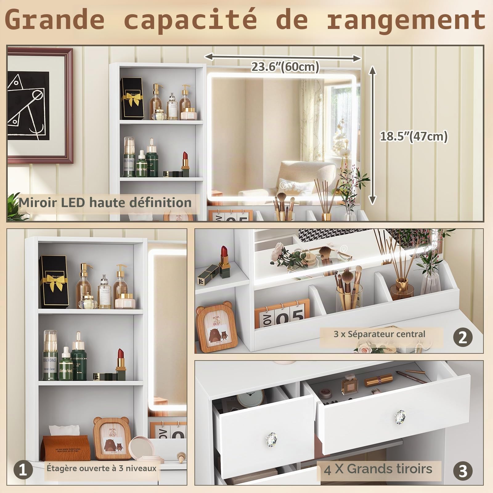 Coiffeuse avec Miroir LED Blanche - Coiffeuse avec 4 tiroirs et étagères de Rangement latérales, 90 cm Moderne Poignées Diamant