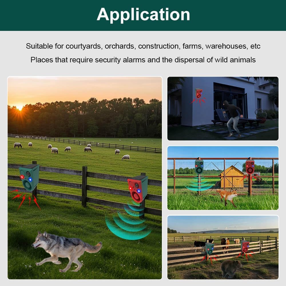 Solar Motion Sensor Alarm Outdoor - Support Recording&±Volume, Ultrasonic and Barking Dog&Gunshot Sound Sound, 129db*2 Loud Speakers, Motion Detector Alarm Strobe Light with USB and Remote Controller
