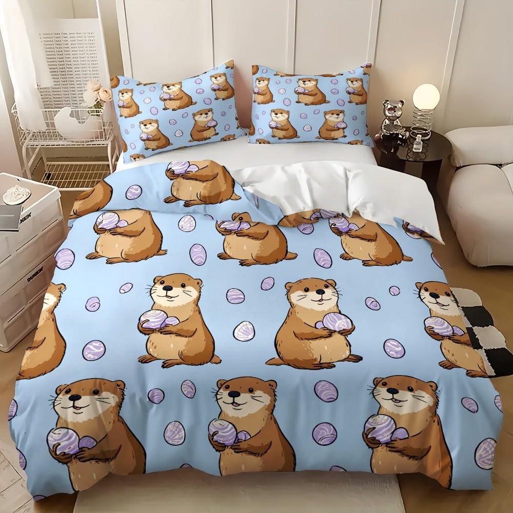 Housse de couette loutre 240x220 cm parure de lit ado 2 personnes bleu en microfibre