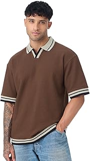 The Souled Store Oversized Polo: Russet Men and Boys Short Sleeve Spread Collar Textured Cotton Blend Everyday Oversized P...