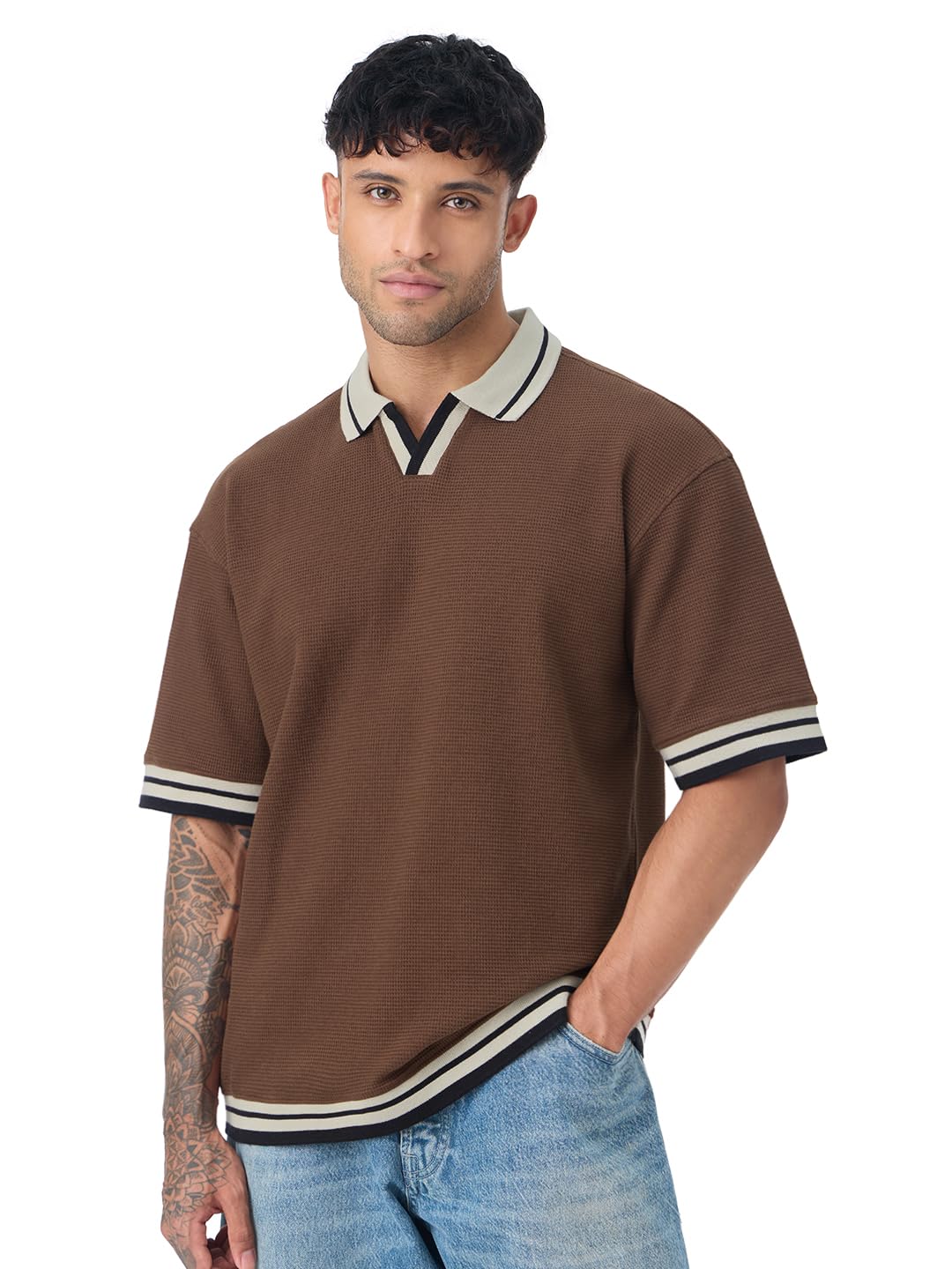 the souled store Oversized Polo: Russet Men and Boys Short Sleeve Spread Collar Textured Cotton Blend Everyday Oversized Polos-picture-33