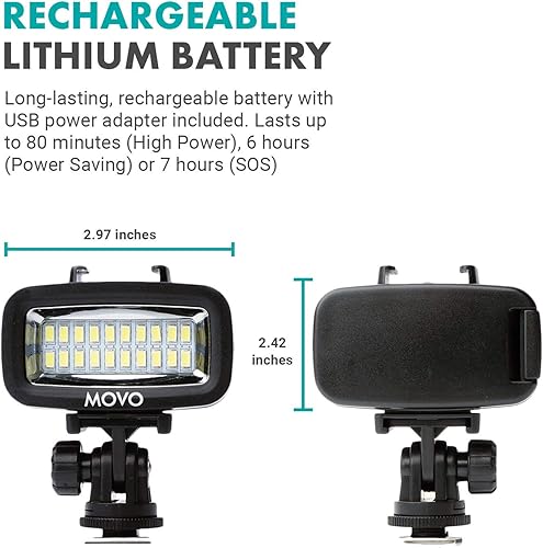 Miniatura 4 de Movo LED-WP Luz de video LED recargable de alta potencia subacuática con cámara de acción y soportes para zapatos, compatible con GoPro, DSLR,