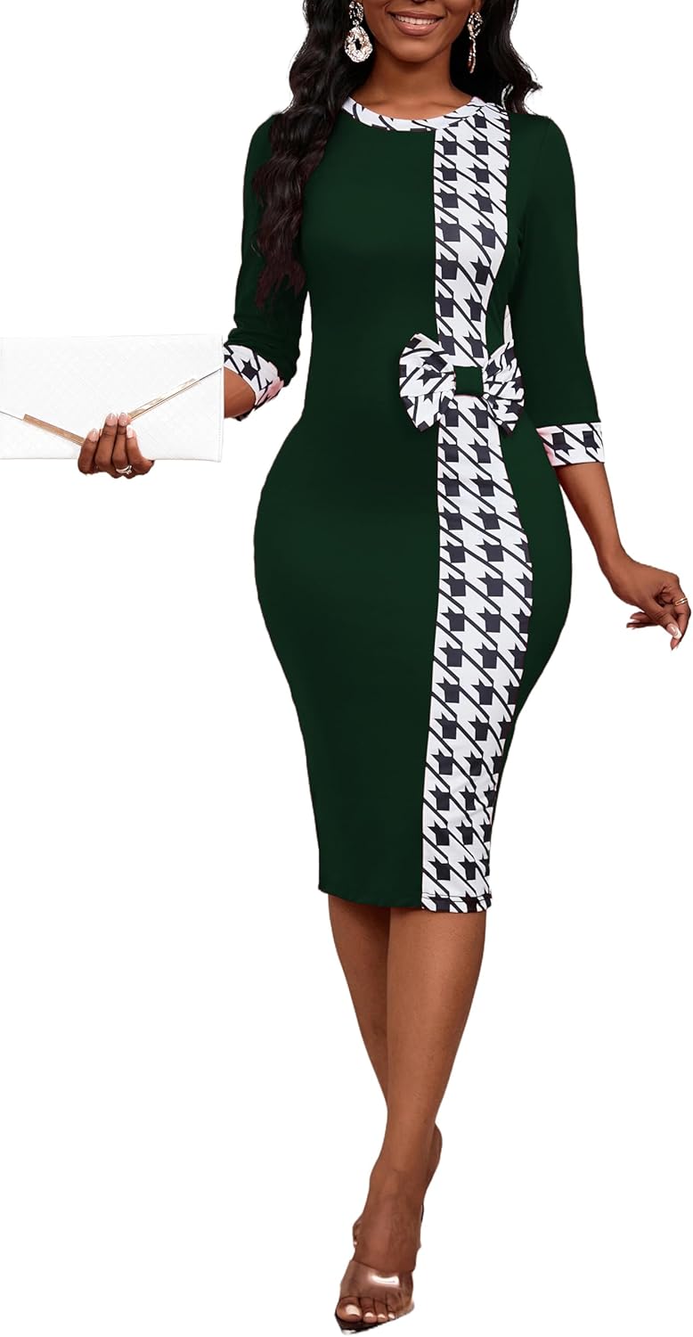 Women's 3/4 Sleeve Round Neck Casual Houndstooth Bodycon Wear to Work Pencil Sheath Midi Dresses - Image 6