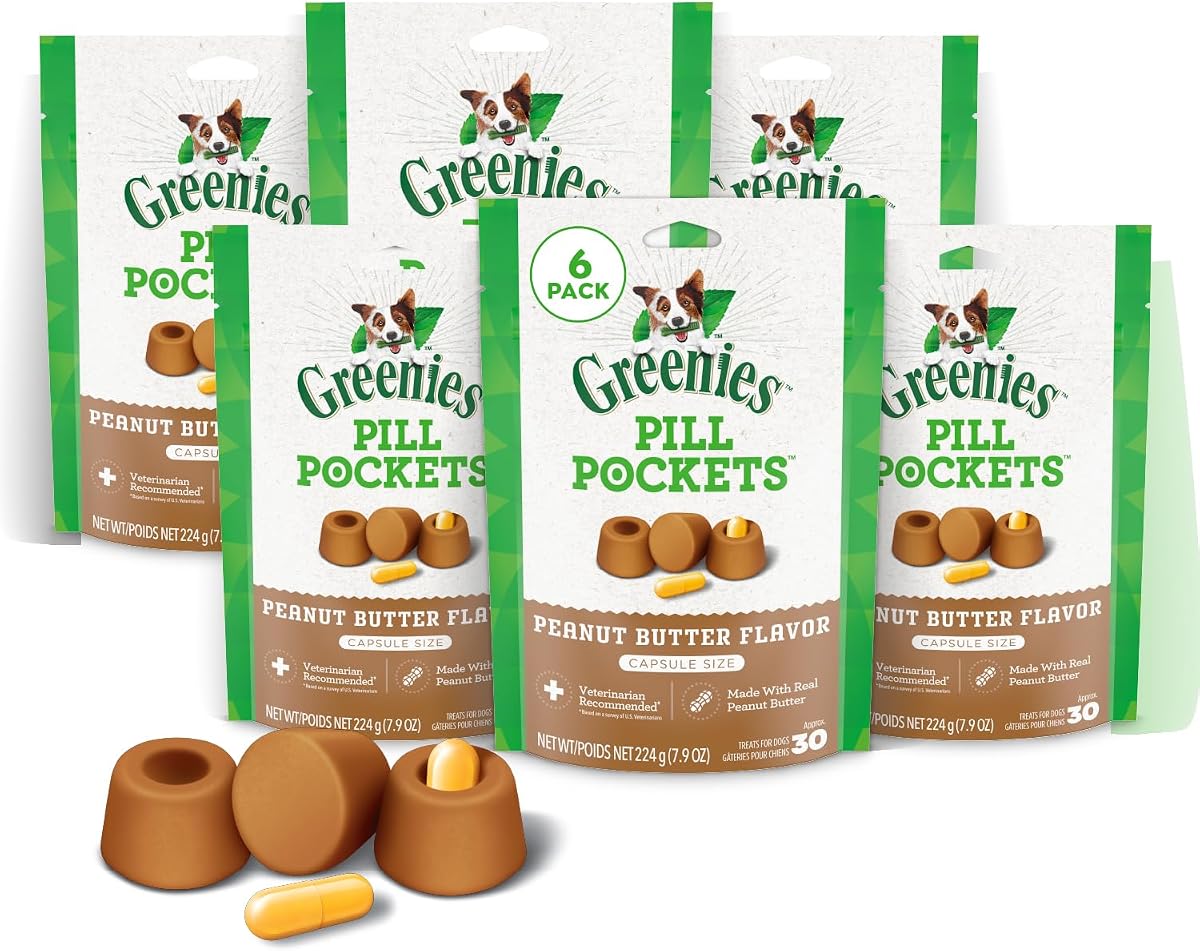 Pill Pockets Large Size Dog Treats, Peanut Butter, 7.9 oz, 6-Pack | Vet-recommended, capsule size, masks medicine odor, low calorie, stress- & mess-free, 7.9 oz pouches