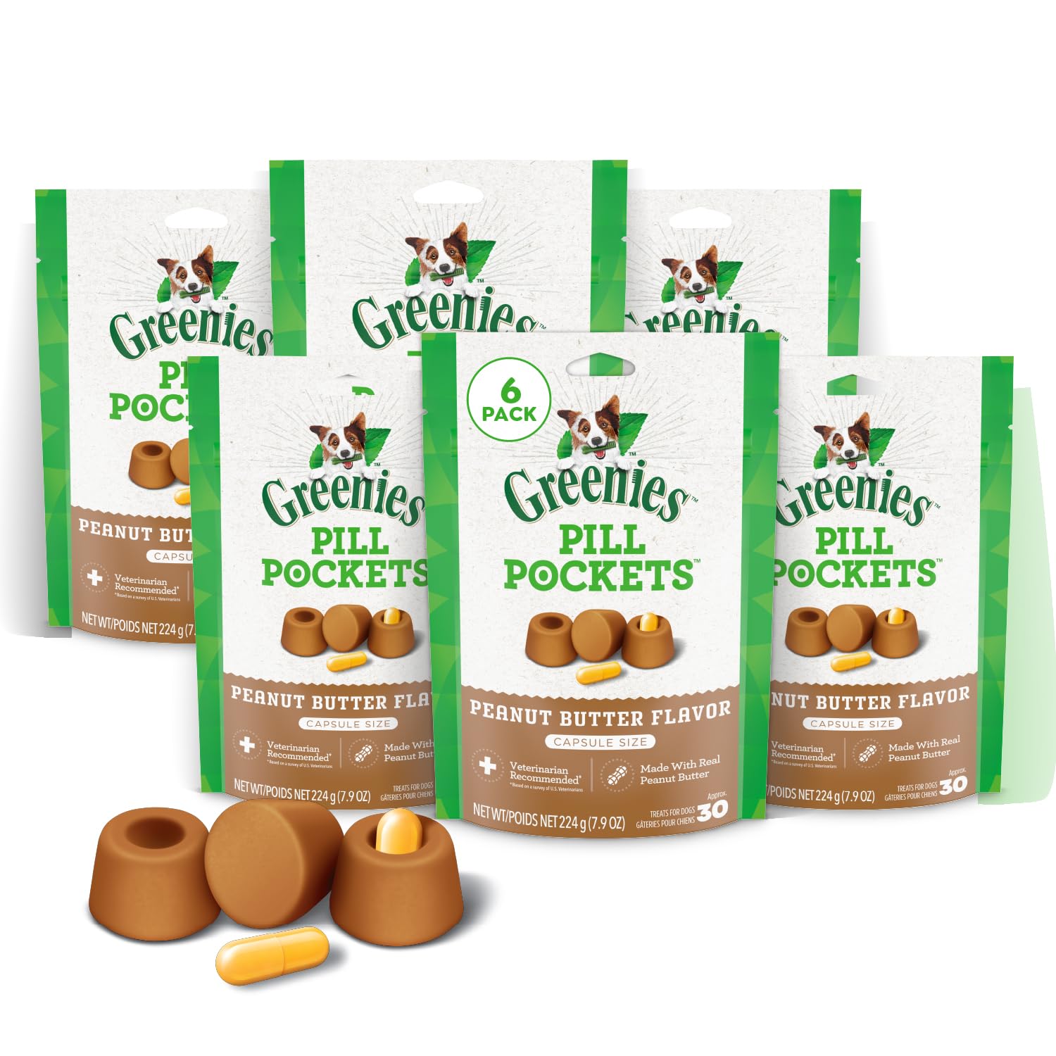 Greenies Pill Pockets for Dogs, Large Size Soft Dog Treats, Peanut Butter Flavor, (6) 7.9 oz. Pouches