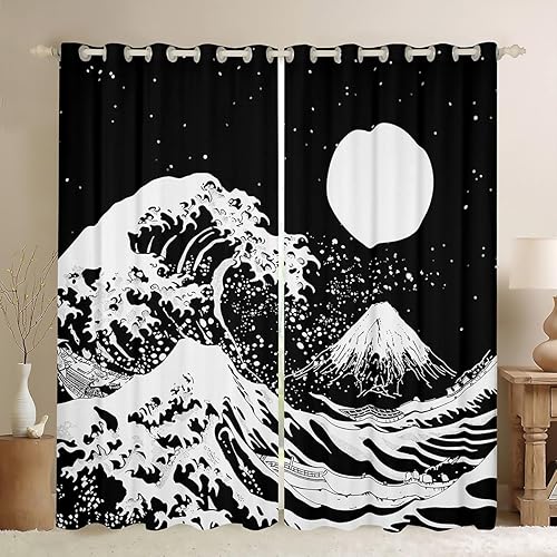 Erosebridal Cortinas de luna, cortinas opacas con ondas oceánicas, cortinas de ventana Fuji de montaña, estilo japonés, tratamientos de ventana,