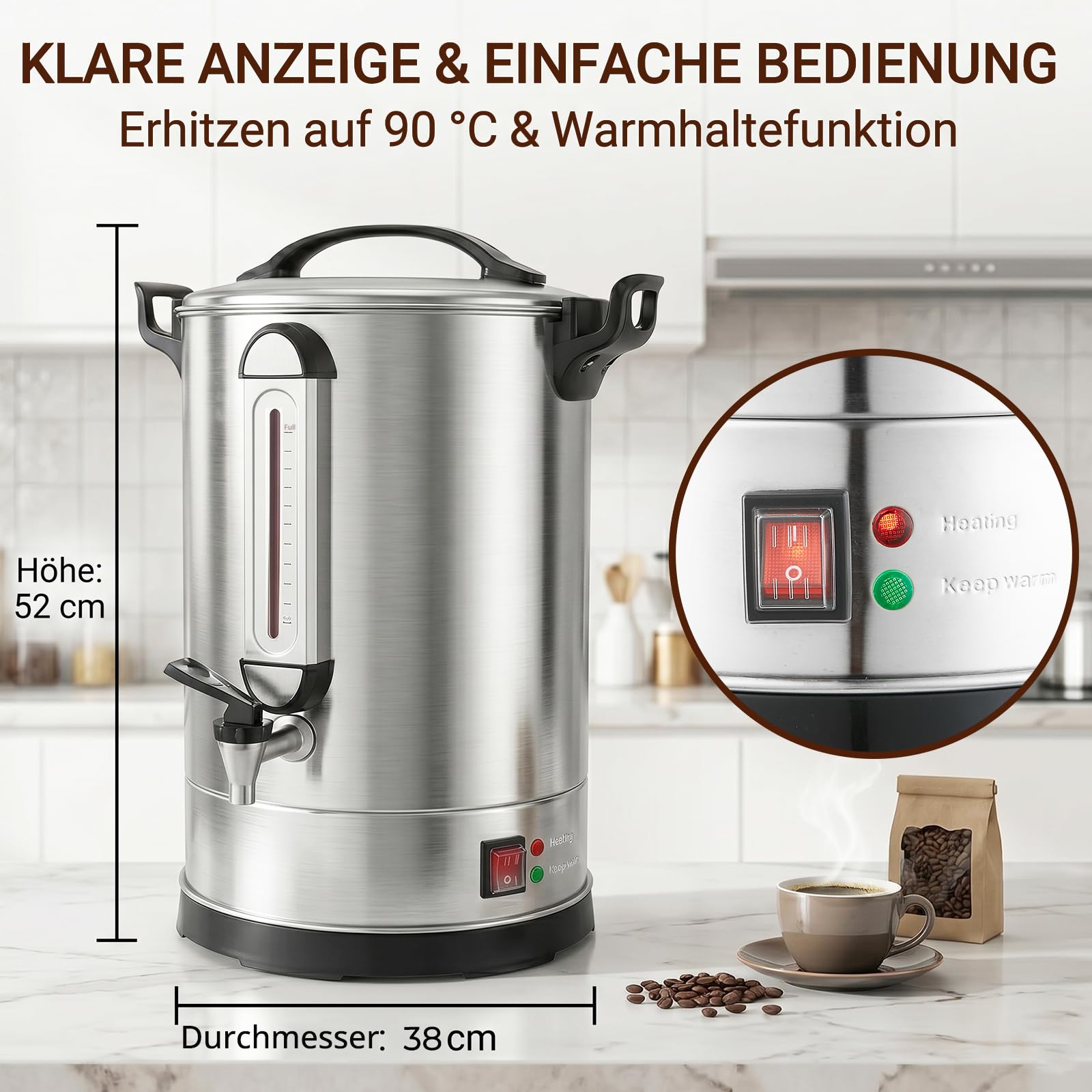 Gastro Kaffeemaschine 24L, 155 Tassen 2000W Heißgetränkespender aus Edelstahl, große Kaffeemaschine für Buffet, Events, Kantinen & Hotelservice