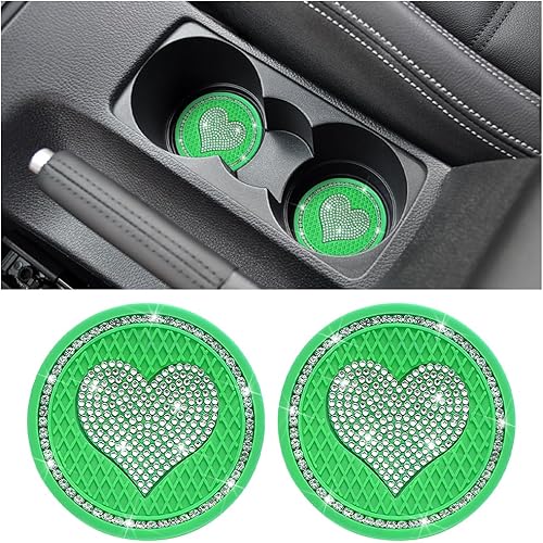 AICEL Posavasos para automóvil con diseño de corazón, 2 unidades, universales, de 2.75 pulgadas, con diamantes de imitación brillantes,