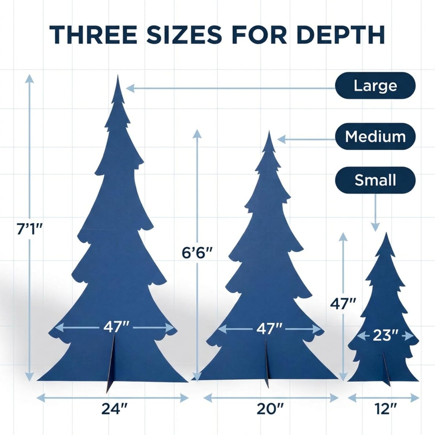 Anderson's Life-Size Blue Cardboard Pine Trees, Winter Forest Decorations for Christmas, School Plays, Church Programs, Retail Displays, and Holiday Photo Backdrops, Set of 3