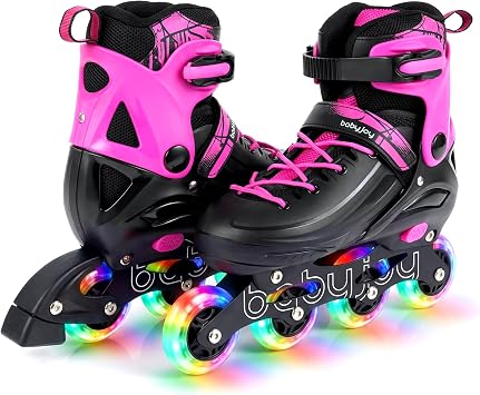 BABY JOY Inline Skates, 4-Size Adjustable Kids Roller Blades w/Light-up Wheels for 5-14 Boys Girls Youth, Fun Illuminating Roller Skates for Indoor Outdoor Play