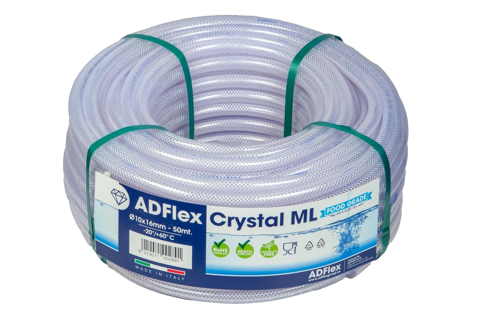 Tubo in PVC trasparente Crystal Retex ML 10x16 m 50 Rinforzato, Ultra Resistenza, Qualità Alimentare, passaggio aria, aria compressa, passaggio liquidi, acqua potabile, irrigazione
