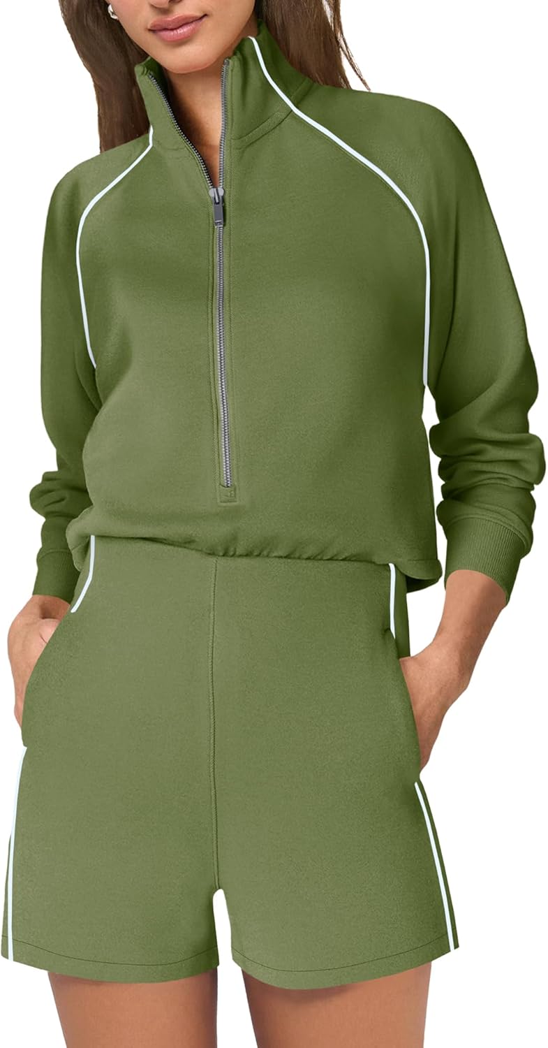 SENSERISE Womens Long Sleeve Romper One Piece Jumpsuits Mock Neck Wide Leg Shorts Fall Outfits with Zipper & Pockets