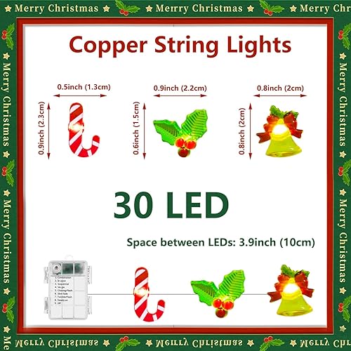 Miniatura 7 de Guirnalda de luces decorativas de Navidad, 30 luces LED de cobre con control remoto y campanilla sonriente impermeable y luces de hadas con pilas