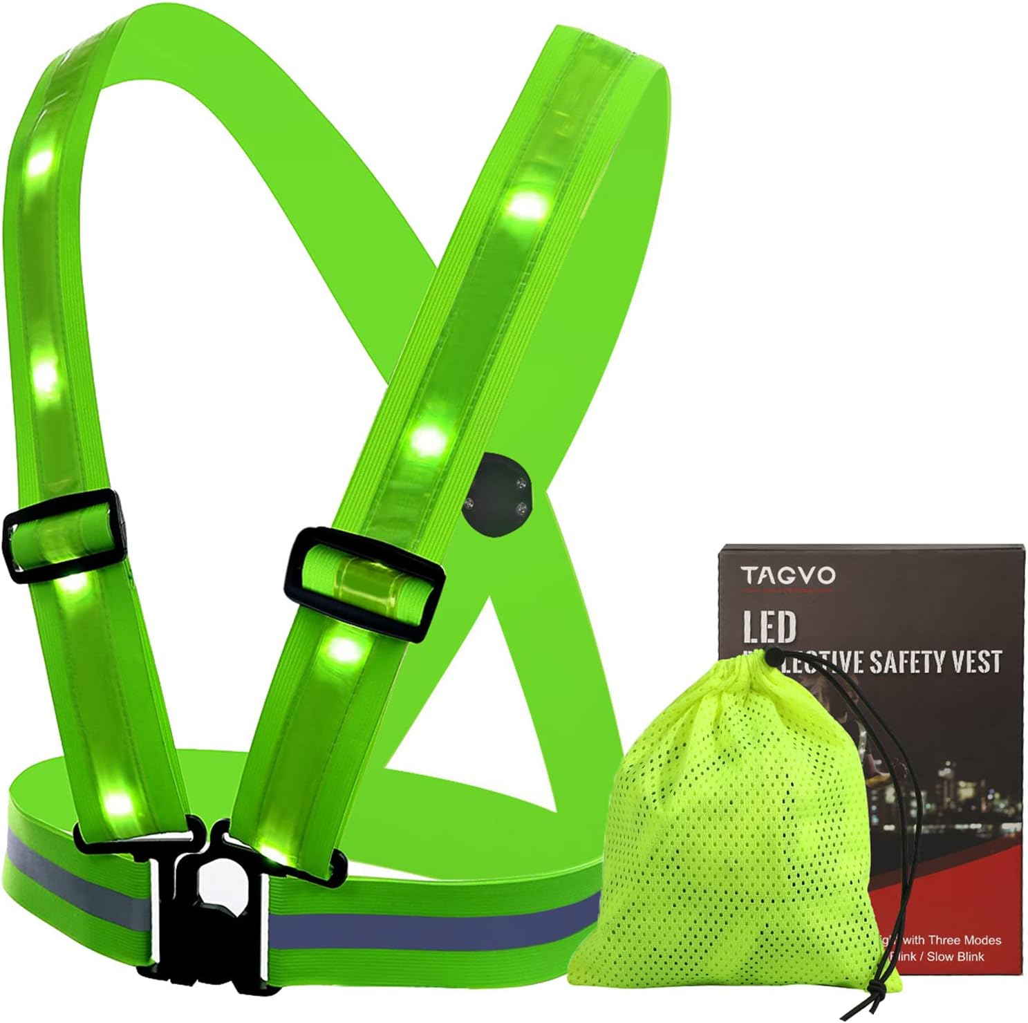 TAGVO LED Reflective Safety Vest with Storage Bag, USB Charging LED Reflective Vest, Night Light up Vest, Adjustable Elastic Running Gear Reflector Straps for Sports Outdoor Cycling Walking Working