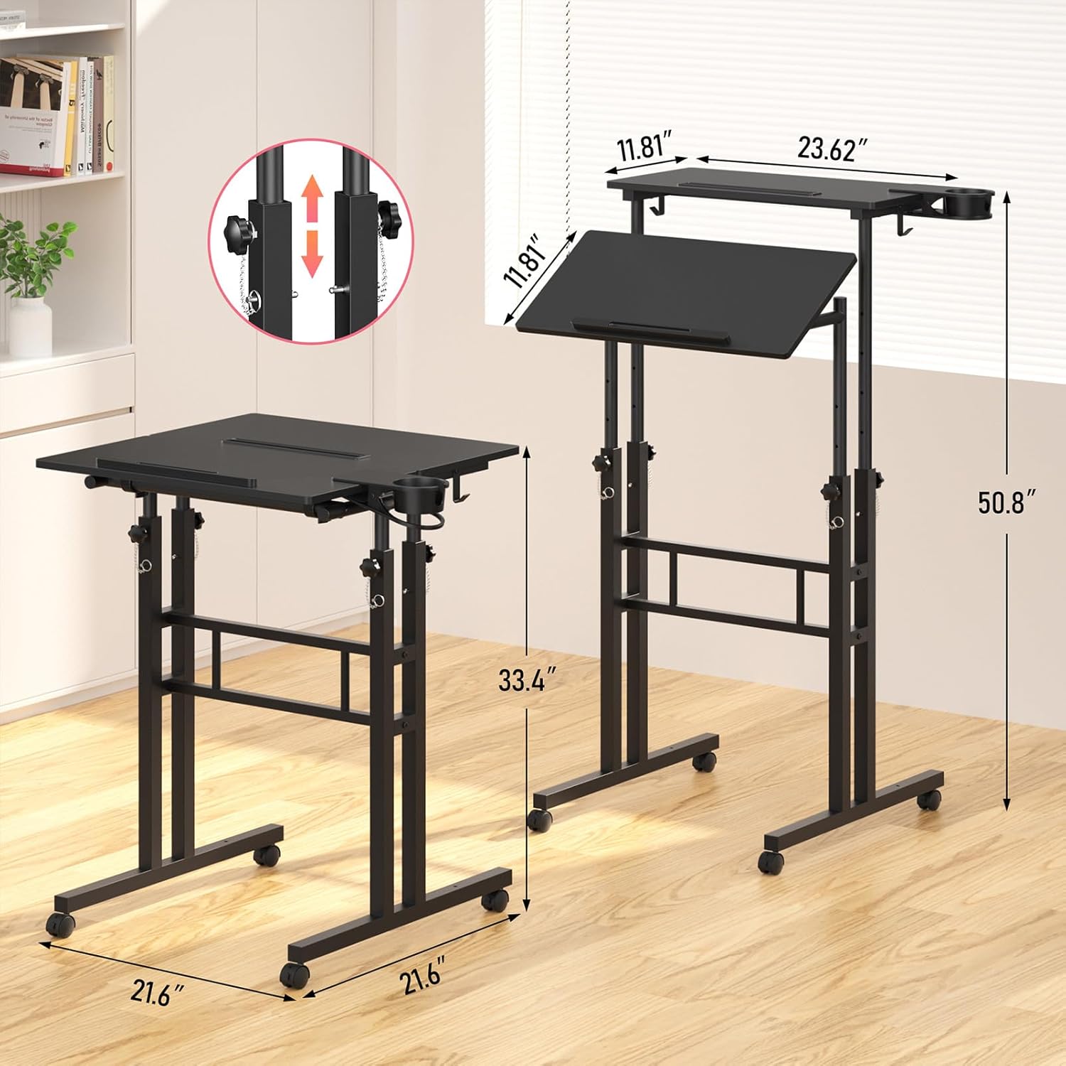 Small Standing Desk with Wheels, Tall Mobile Stand Up Table, Portable Standing Desk for Walking Pad, Rolling Table Adjustable Height, Rolling Computer Table for Tall Person - Image 3