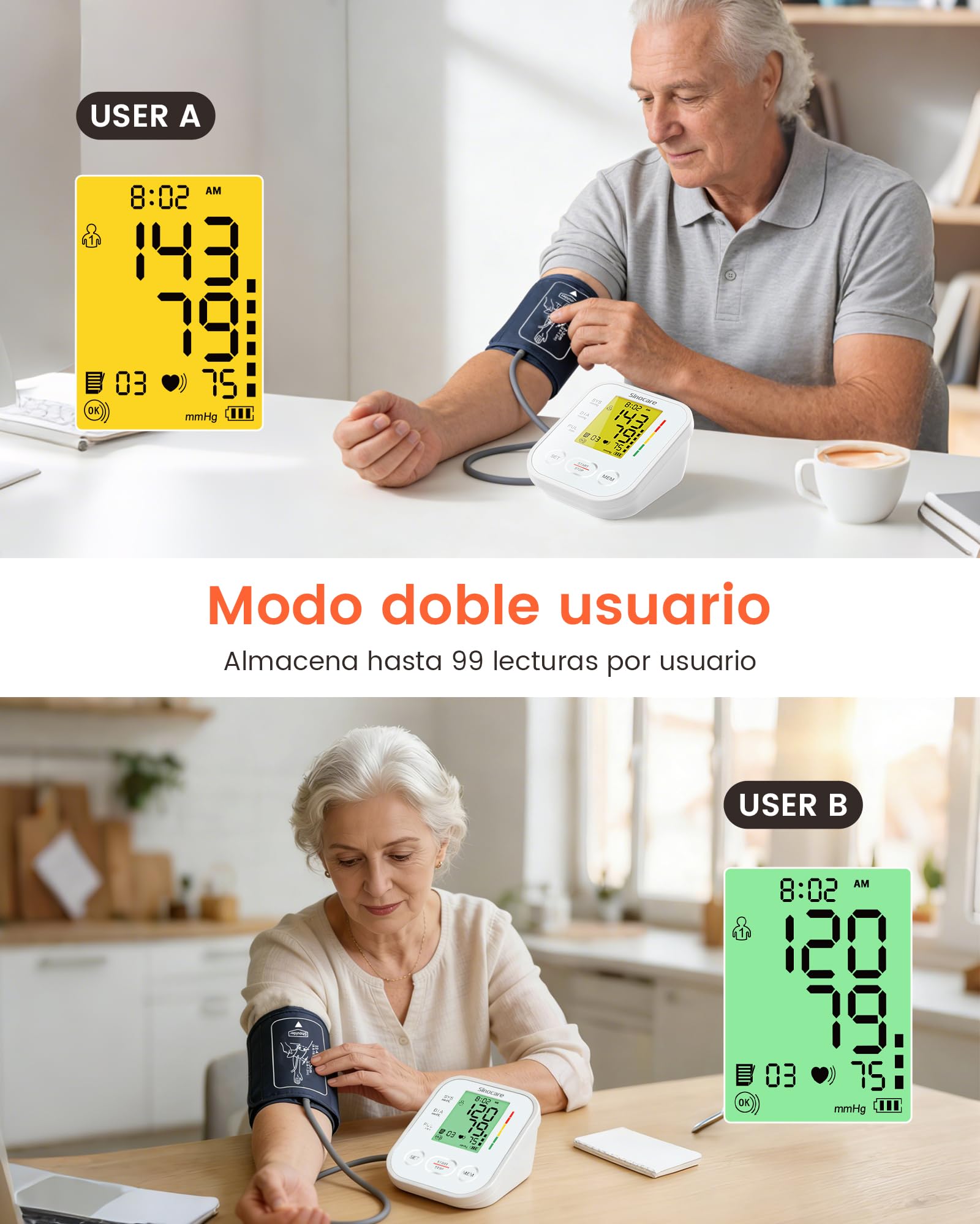 Sinocare Tensiómetro Brazo Auto 22-42cm Arritmia 4 Colores 2x99 Blanco | Tensiómetro Digital Automático de Brazo, Monitor Presión Arterial con Detección Arritmia Irregular