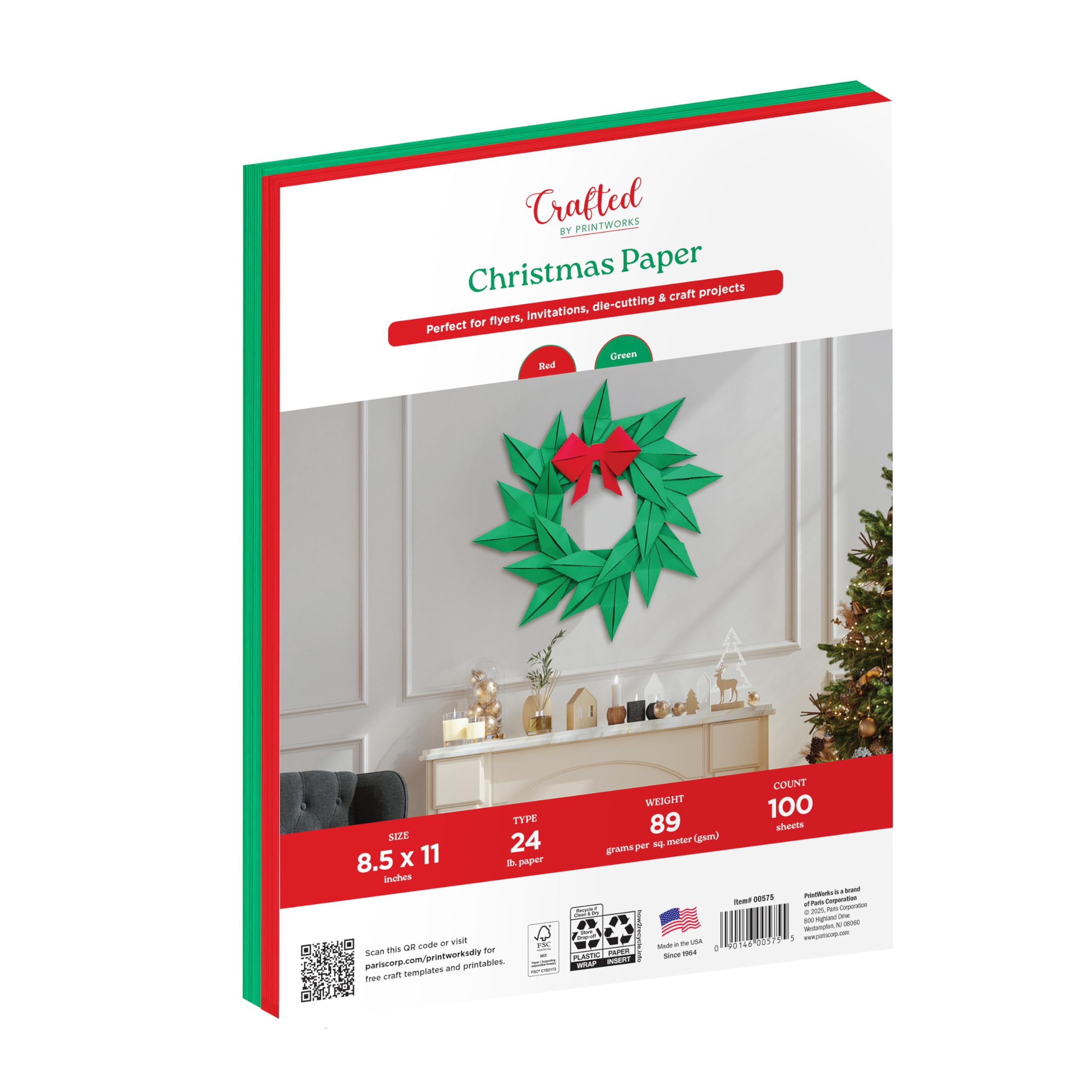 Crafted by PrintWorks Christmas Paper 8.5" x 11" - 100 Sheets - Red and Green Paper - Ideal for School & Craft Projects - Made in the USA - 24 lb/89 gsm - Printer and Copier Compatible (00575)