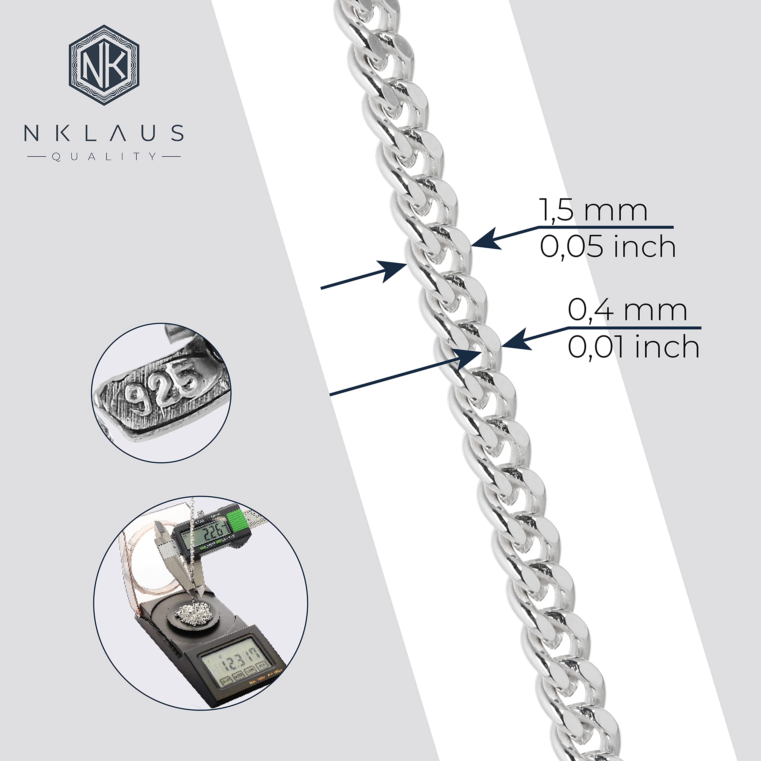 NKlaus Kette Silber 925 - Panzerkette - Sterling Silberkette Herren und Damen - Panzer Kette - 1,5mm breit