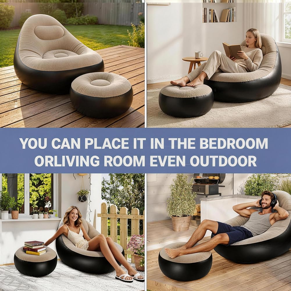 Canapé gonflable avec repose-pieds, fauteuil gonflable, portable, pour salon, chambre à coucher, jardin (café)