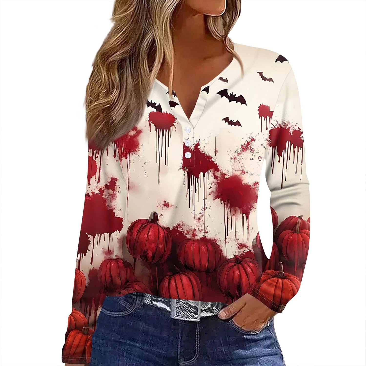 Womens Halloween Fall Long Sleeve V Neck Graphic Shirts | Women's Dressy Tops And Blouses, Womens Printed T Shirts, Cotton Blouses for Women Dressy Casual, Casual
