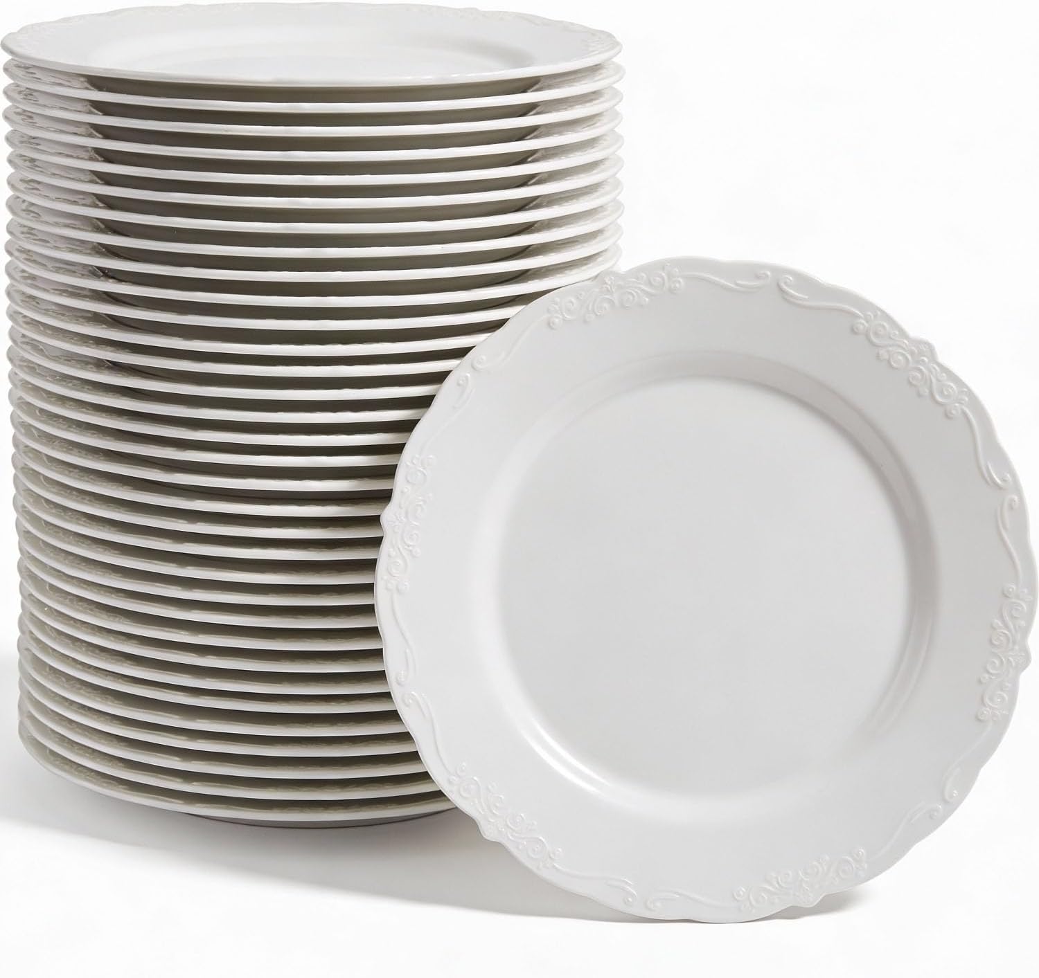 Fun Express Bulk Vintage Ivory Plastic Dinner Plates - Wedding Graduation Birthday Anniversary Christmas - Elegant Vintage Design for Party Supplies - 120 Pieces