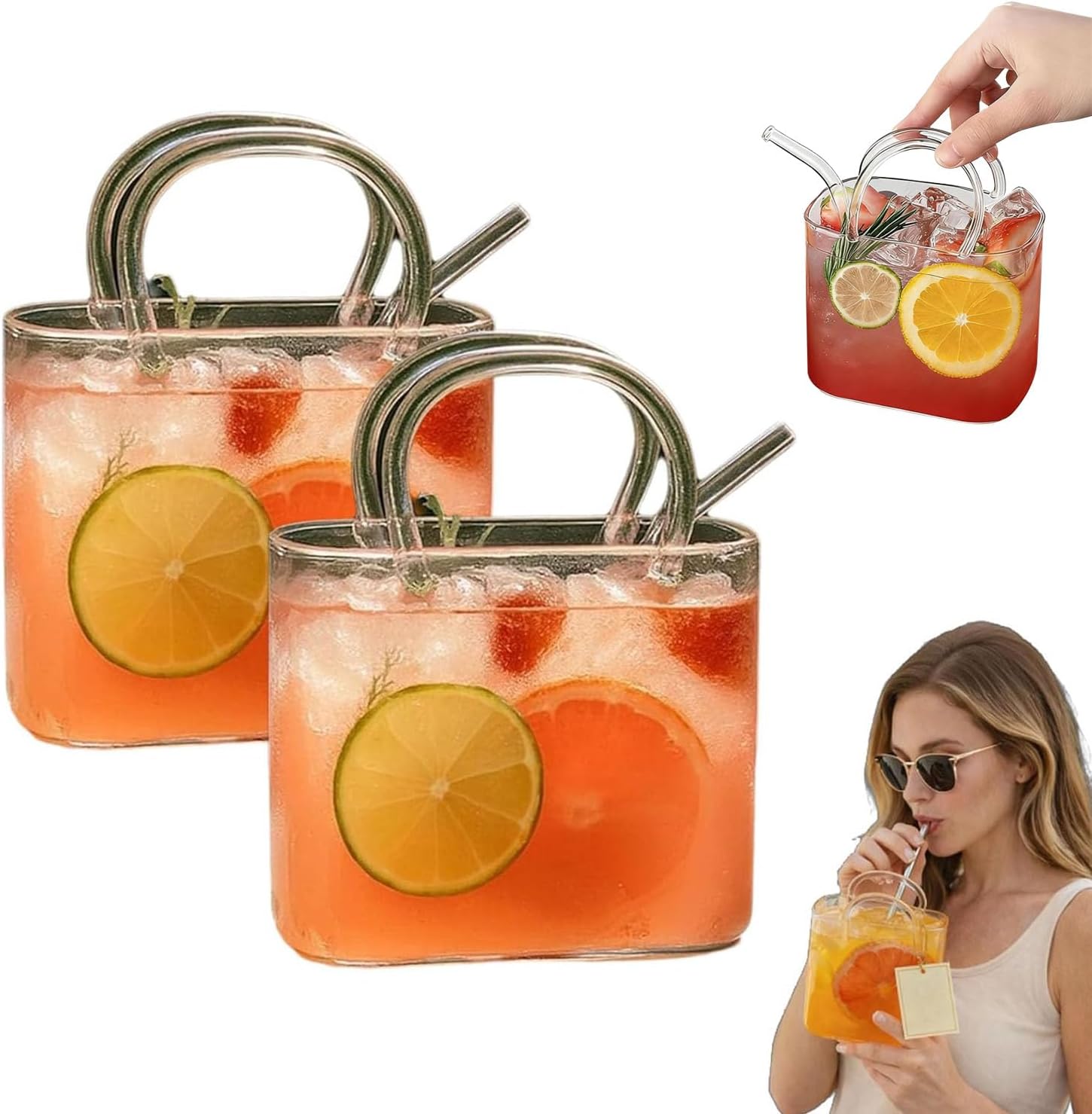 Glass Purse for Drinks, 26oz Unique Purse Drinking Glass Bags with Integrated Handle, Fish Bowl Vase for Flower, Funky Wine Glass Bag, Aesthetic Gifts for Women, Party, Bar (2Pcs)