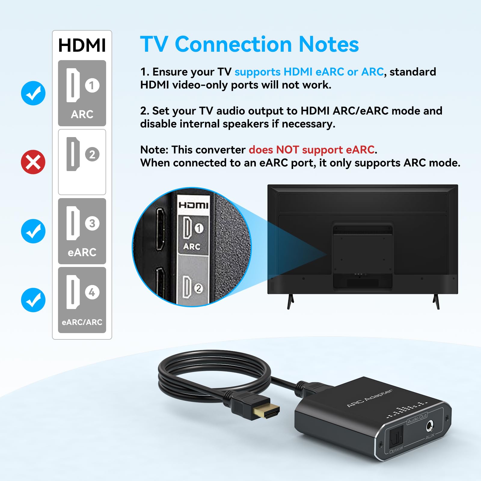 VPFET Extracteur audio HDMI ARC fonctionne uniquement pour HDTV ARC vers adaptateur audio optique convertisseur Toslink + sortie auxiliaire 3,5 mm compatible DTS/Dolby-AC3/DSD/LPCM pour barre de son