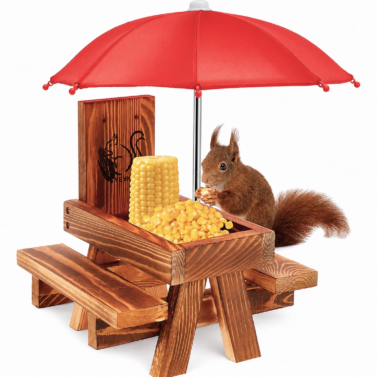 Squirrel Feeder Table, Wooden Squirrel Picnic Table with Umbrella & Corn Cob Holder, Outdoor Wildlife Feeding Station Garden Ornament for Bird, Chipmunk and Wild Squirrels