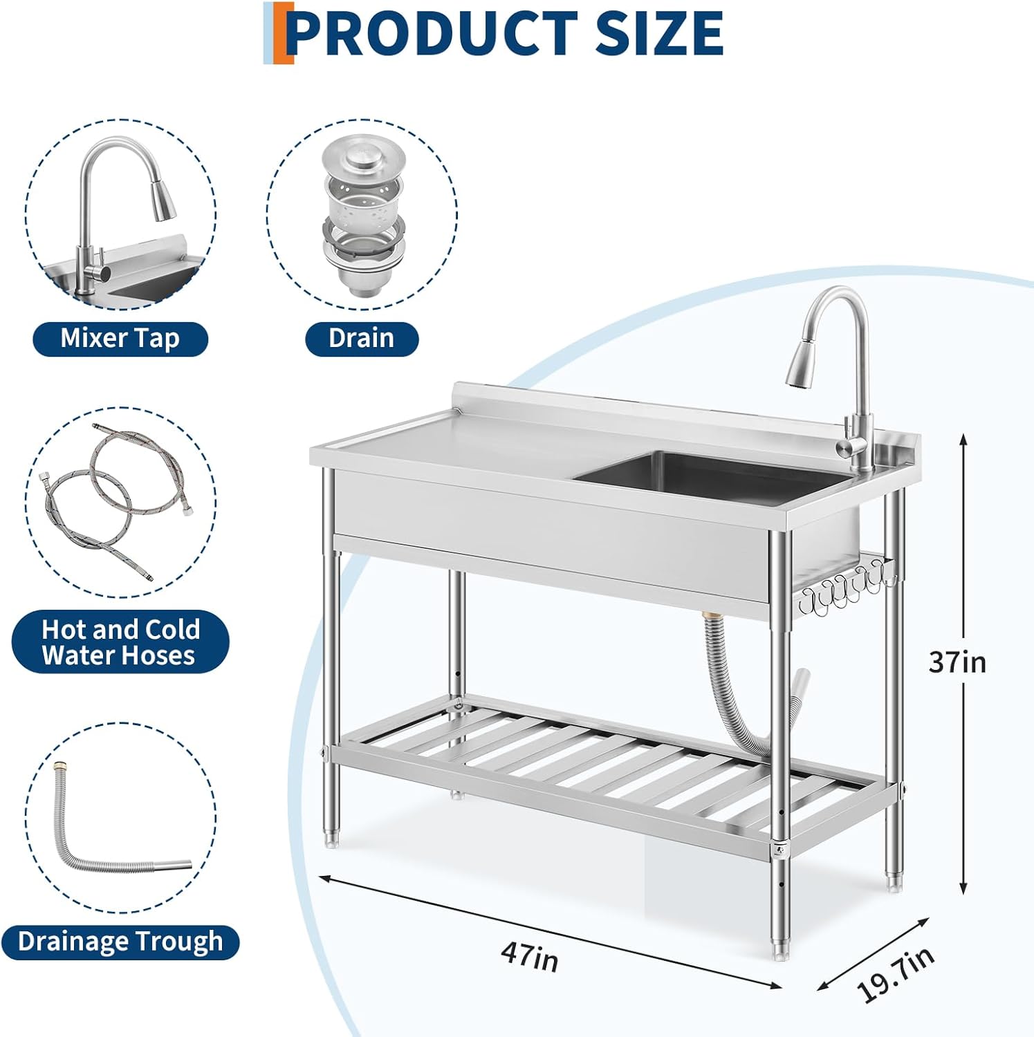 47 x 20 x 37 Inch Free Standing Commercial Kitchen Sink, Single Bowl Stainless Steel Utility Sink with Faucet, Drainboard & Storage Shelves, Heavy Duty Prep Sink for Restaurant GarageOutdoor Use