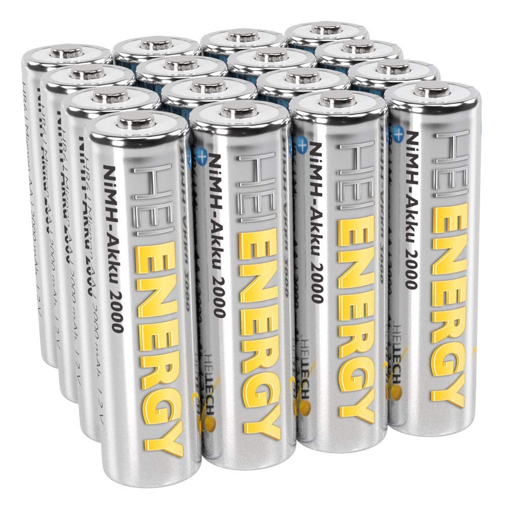 HEITECH AA Mignon 2000 mAh 1,2 V NiMH certificato TÜV 16 pezzi – Batterie ricaricabili con bassa autoscarica – Batterie per dispositivi ad alto consumo energetico