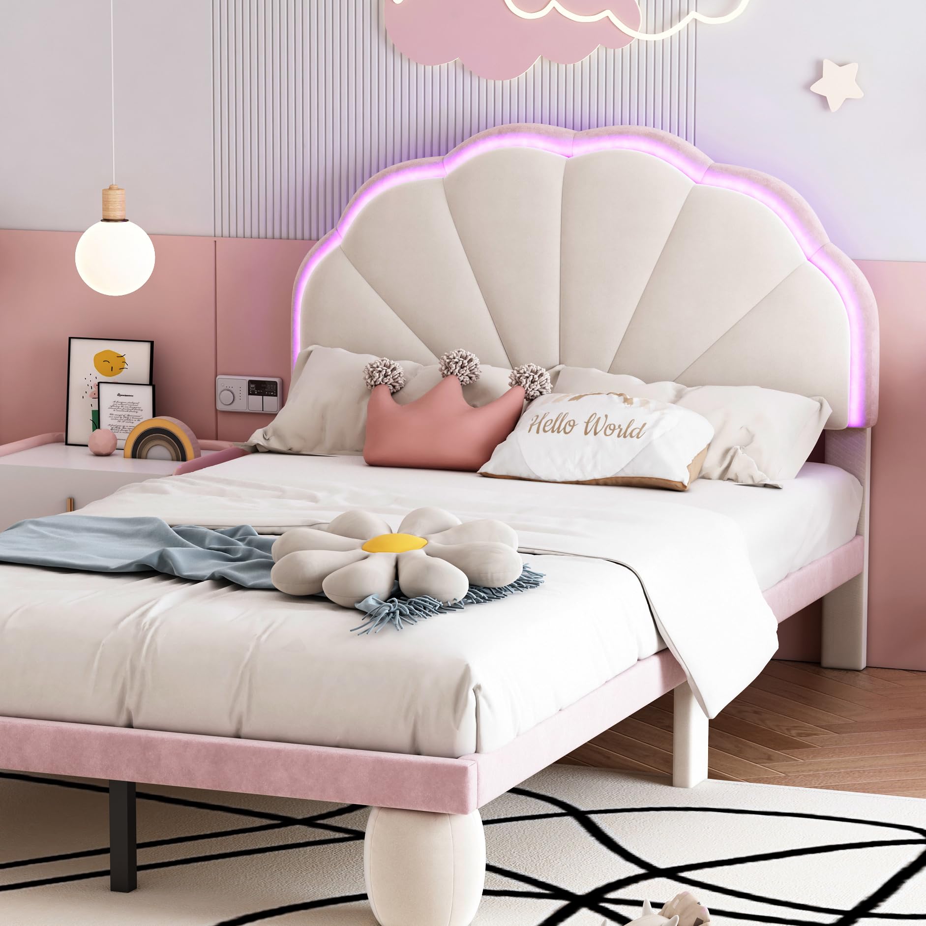 Cama tapizada LED para niños: cama individual de terciopelo en beige y rosa, 90 x 200 cm, con cabecero ondulado, tiras de luz que cambian de color y patas acolchadas, habitación infantil de cuento de