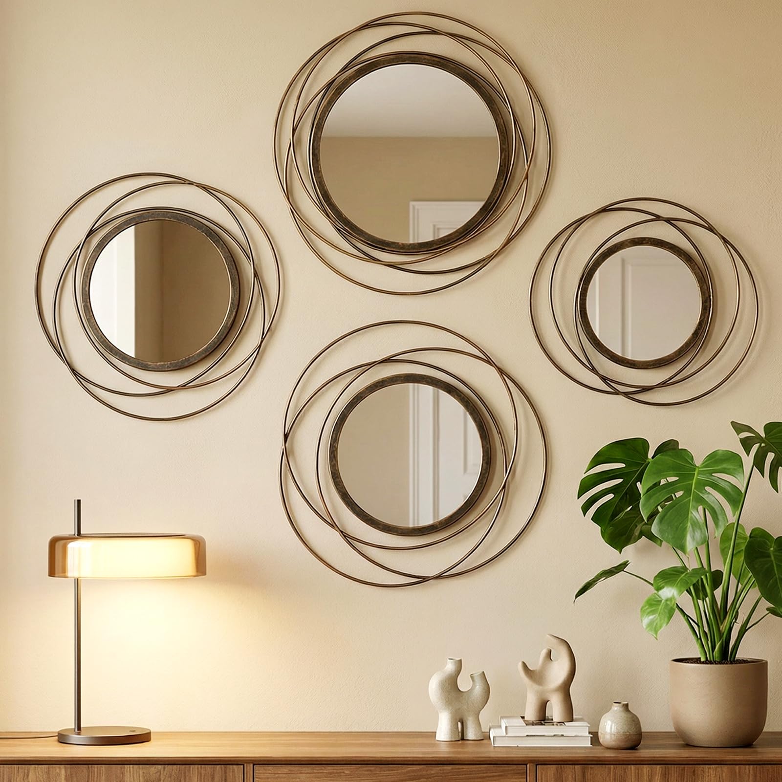4 Pcs Decorative Wall Mirror Round Modern Circle Mounted Mirror Metal Wall Art Decor for Bedroom Living Room Entryway Dining Room Hallway (Bronze)