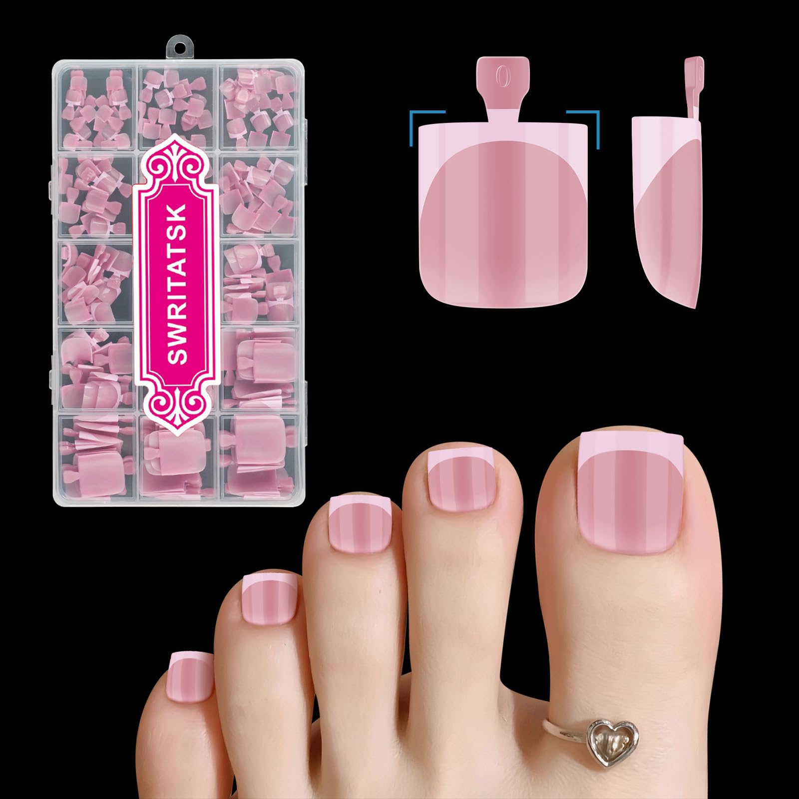 SWRITATSK Toe Nail Press Ons Toenails,Thick Toe Nail Tips,180Pcs French Toe Press On Nails,15 Sizes Toe Nails Press On Toenails For Women,Square Fake