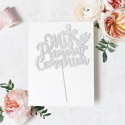 Miniatura 4 de Mi Primera Comunión - Decoración para tartas de primera comunión para baby shower con purpurina plateada  God Bless This Child Bautizo Party Decor