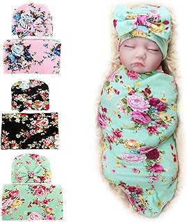 DRESHOW BQUBO Newborn Floral Receiving Blankets Newborn Baby Swaddling Hats Sleepsack Toddler Warm 3 Pack