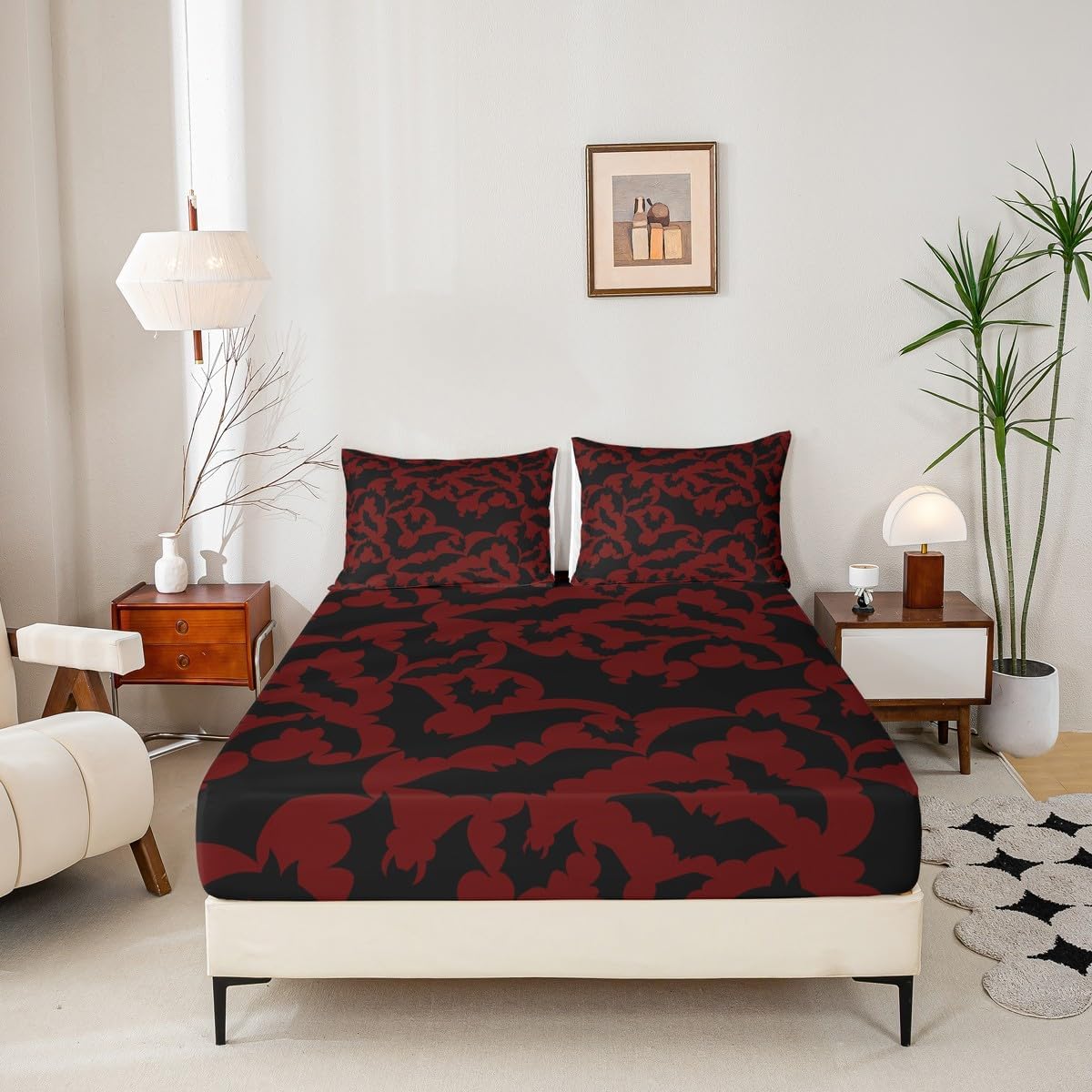 Happy Halloween Bed Sheet Set Queen Size,Black Bats Animal Print Silhouette Bedding Set for Children Adult,Happy Holiday Gothic Style Red Sheet Sets with Flat, Fitted Sheet, 2 Pillowcases