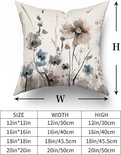 Miniatura 6 de Sweetshow Juego de 2 fundas de almohada florales en acuarela marrón y gris de 18 x 18 pulgadas, color rústico, crema, gris y azul, estampado de