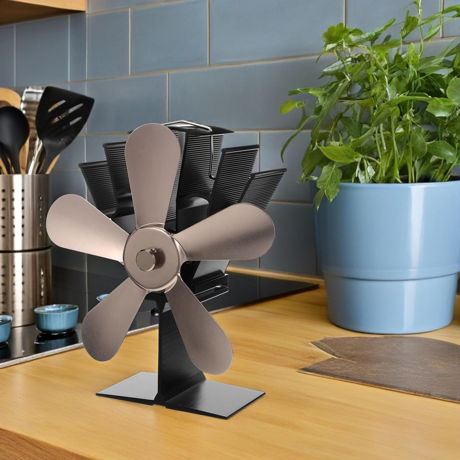 Heat Powered Wood Stove Fan 5-blade Fireplace Fan Non-electric for Wood Log Burner Stove Accessories Copper Color