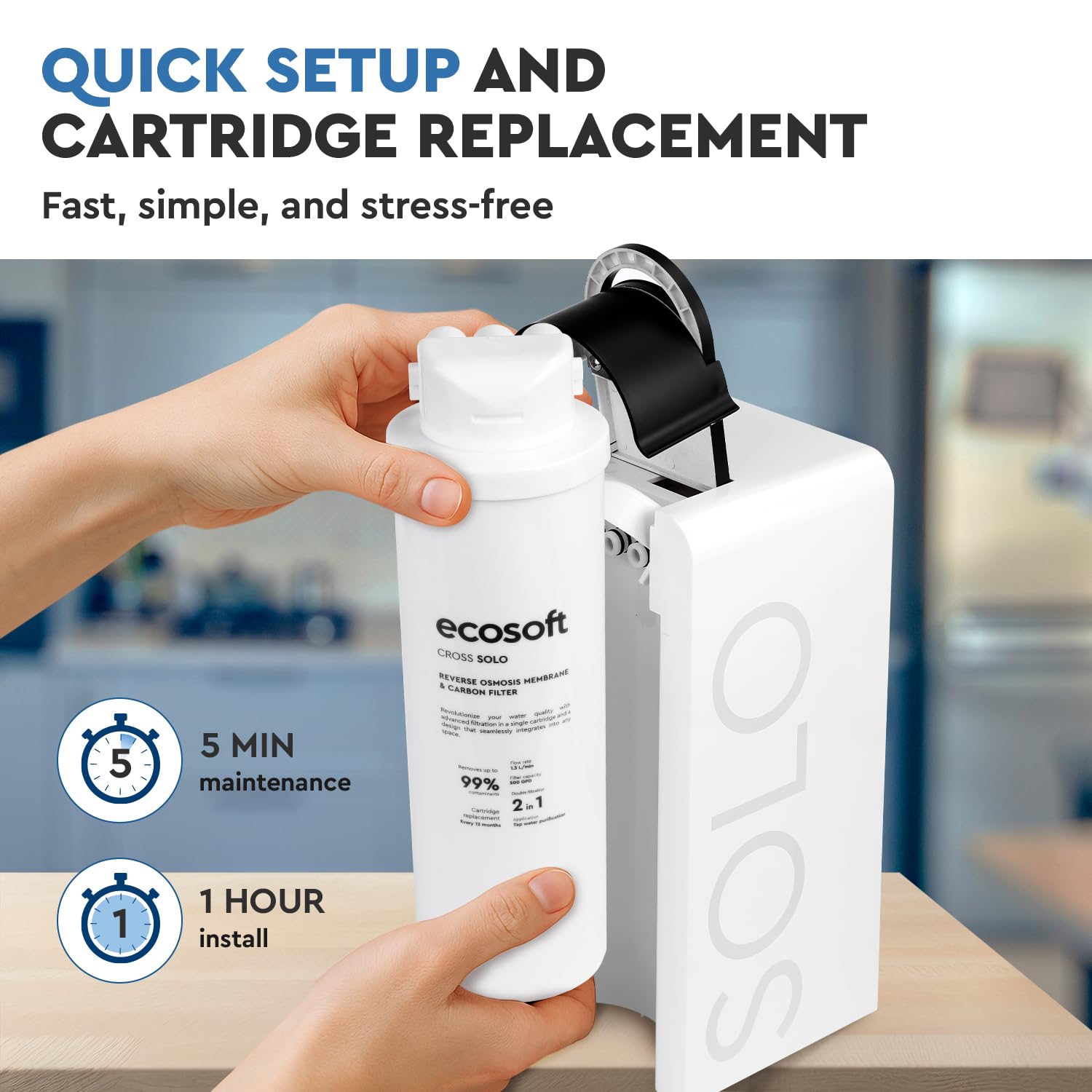 Ecosoft CROSS Solo Filtro de Ósmosis Inversa de Flujo Directo, 1.3 L/min, Filtración 2-en-1 con Membrana RO de 500 GPD y Postfiltro de Carbón, Diseño Ultra-Compacto para Cocinas Pequeñas