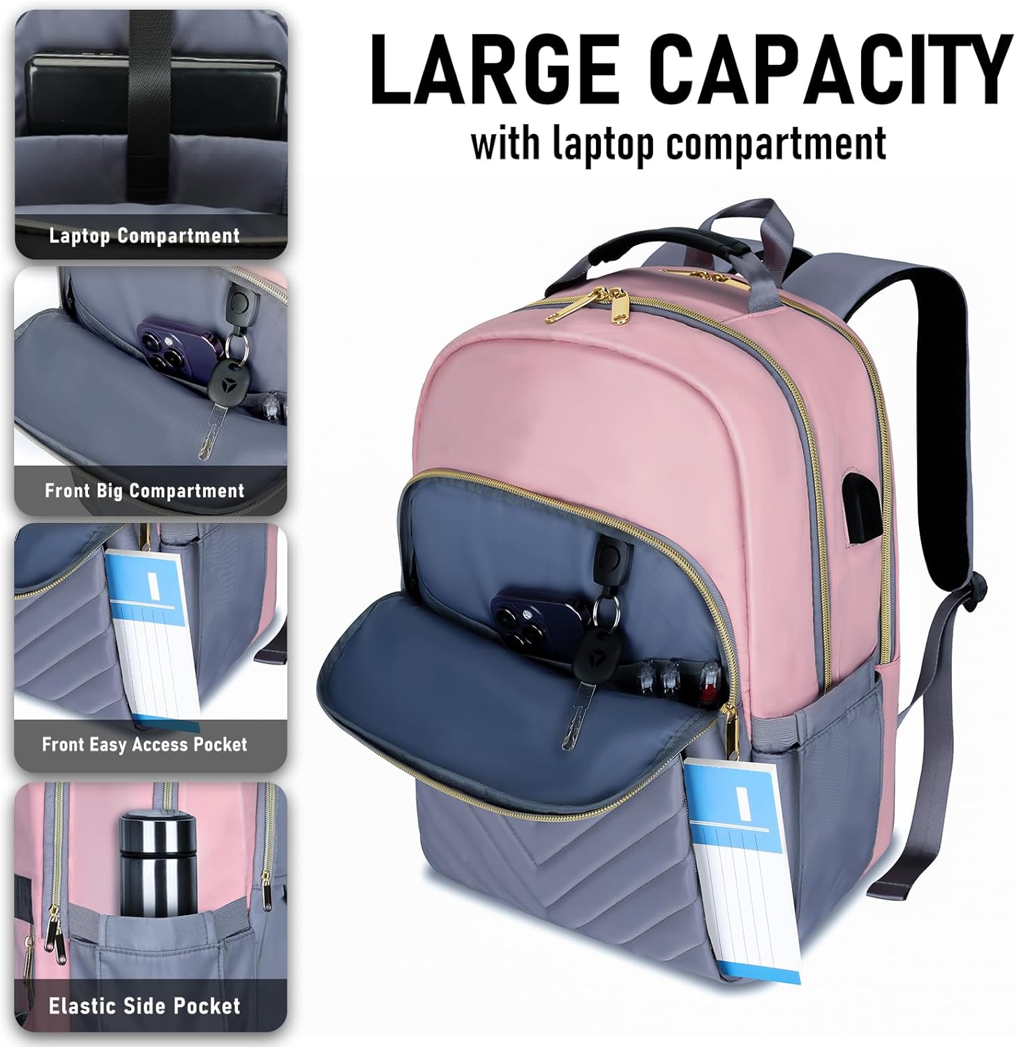 Skaypibs Backpack for Women, College High School Bookbag, 15.6 Inch Laptop Backpack with USB Charging Port for Teacher Nurse, Waterproof Daypacks for Work Travel Anti-theft Pink Grey