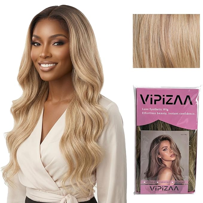 Ombre Blonde Glueless Wear and Go Wigs Synthetic - 6x4 Pre Cut Lace Closure Body Wave Wig Dark Roots Ash Blonde Gradient Color Heat Resistant Fiber Wig