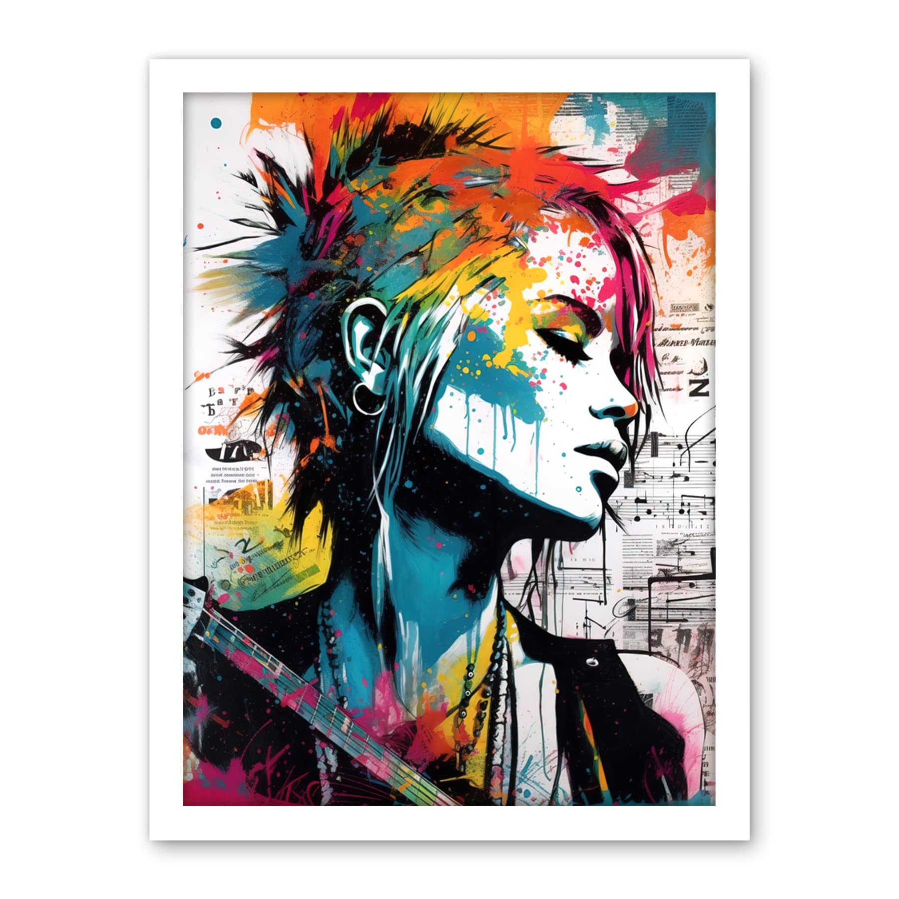 Artery8 Emo Woman Electric Guitar Sheet Music Upcycle Art Splatter Paint Modern Painting Artwork Framed Wall Art Print 18X24 Inch