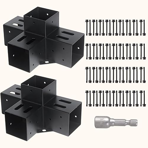 AXWHYS Soportes para pérgola 4 x 4 (real 3.5 x 3.5 pulgadas), soporte de esquina de ángulo recto de 4 vías, kit de pérgola de bricolaje con soporte