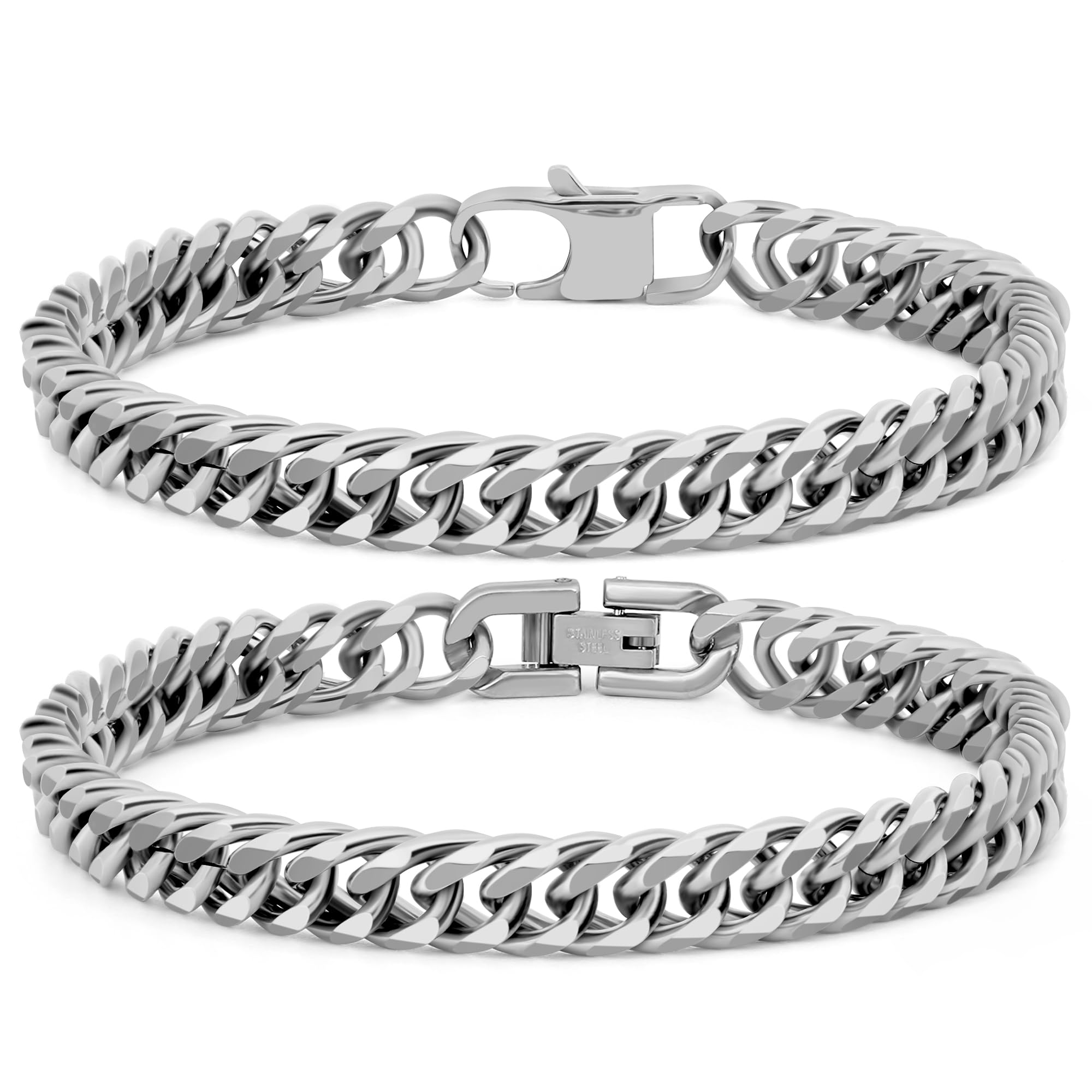 Aospkle 2PCS Cuban Link Bracelet, Silver Gold Black Sturdy 316L Stainless Steel Cuban Link Chain for Men Jewelry Set with Gift Message Card 8mm, 7/8/9